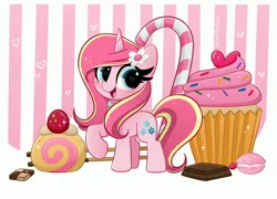 Size: 4096x2952 | Tagged: safe, artist:kittyrosie, derpibooru import, oc, oc:rosa flame, unicorn, candy, candy cane, chocolate, cupcake, desert, flower, flower in hair, food, horn, image, jpeg, macaron, one hoof raised, open mouth, raised hoof, solo, unicorn oc