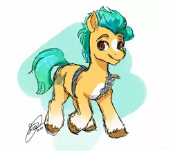 Size: 1792x1572 | Tagged: safe, artist:theroyalprincesses, derpibooru import, hitch trailblazer, earth pony, pony, abstract background, blaze (coat marking), coat markings, g5, horseshoes, image, jpeg, looking at you, male, pale belly, sash, signature, socks (coat marking), stallion, stars, unshorn fetlocks