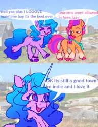 Size: 635x828 | Tagged: safe, artist:theroyalprincesses, derpibooru import, izzy moonbow, sunny starscout, earth pony, pony, unicorn, bag, braid, comic, dialogue, duo, eyes closed, female, g5, happy, house, image, mare, open mouth, photoshop, png, speech bubble, text, unshorn fetlocks, watermark