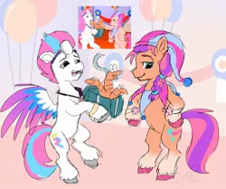 Size: 1934x1614 | Tagged: safe, artist:theroyalprincesses, derpibooru import, patch (g1), sunny starscout, sweetheart, zipp storm, earth pony, pegasus, pony, my little pony tales, the masquerade, balloon, bipedal, braid, coat markings, colored wings, duo, female, g1, g5, image, jpeg, mare, multicolored wings, socks (coat marking), spread wings, unshorn fetlocks, wings