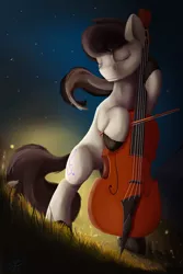 Size: 1600x2400 | Tagged: safe, artist:tenebrisnoctus, derpibooru import, octavia melody, earth pony, pony, bipedal, bow (instrument), cello, cello bow, dexterous hooves, eyes closed, female, high res, hoof hold, image, jpeg, mare, musical instrument, solo