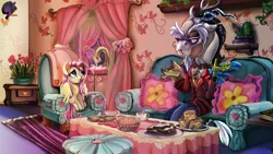 Size: 3840x2160 | Tagged: safe, artist:brainiac, derpibooru import, discord, fluttershy, draconequus, pegasus, pony, book, bread, bubble, clothes, coffee, cup, digital painting, fall guys, fallout equestria (book), female, food, gravy boat, image, lineless, male, mare, micro, pie, png, sandwich, scene interpretation, scones, suit, teacup, toast