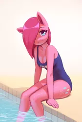 Size: 1600x2383 | Tagged: safe, artist:mrscroup, derpibooru import, pinkie pie, anthro, earth pony, breasts, cleavage, clothes, hair over one eye, image, jpeg, one-piece swimsuit, pinkamena diane pie, school swimsuit, sukumizu, swimming pool, swimsuit, water