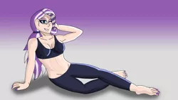 Size: 3840x2160 | Tagged: suggestive, artist:anthrodegenerate, derpibooru import, twilight velvet, human, breasts, busty twilight velvet, cleavage, clothes, female, humanized, image, looking at you, lying down, milf, one eye closed, pants, png, simple background, sports bra, update, wink, workout outfit, yoga pants