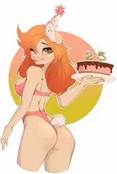 Size: 1378x2048 | Tagged: suggestive, artist:u_lu_lu, derpibooru import, oc, unofficial characters only, anthro, earth pony, anthro oc, birthday, birthday cake, bra, bunny tail, cake, clothes, earth pony oc, female, food, image, jpeg, looking at you, looking back, looking back at you, one eye closed, piercing, sexy, simple background, smiling, solo, solo female, tongue out, underwear