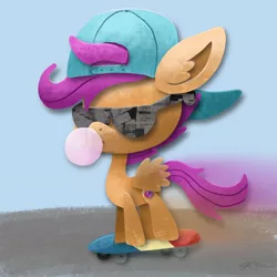 Size: 2048x2048 | Tagged: safe, artist:catscratchpaper, derpibooru import, scootaloo, pegasus, pony, backwards ballcap, baseball cap, bubblegum, cap, female, filly, food, gum, hat, high res, image, jpeg, skateboard, solo, sunglasses