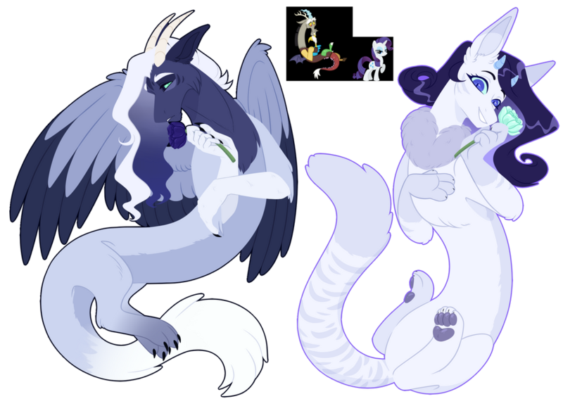 Size: 1024x738 | Tagged: safe, artist:purplegrim40, derpibooru import, discord, rarity, oc, unofficial characters only, draconequus, hybrid, female, flower, fraternal twins, image, interspecies offspring, male, offspring, parent:discord, parent:rarity, parents:raricord, paw pads, paws, png, raricord, shipping, siblings, simple background, straight, toe beans, transparent background, underpaw
