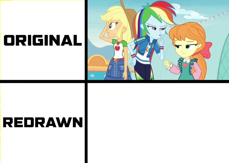 Size: 1773x1258 | Tagged: safe, derpibooru import, applejack, megan williams, rainbow dash, equestria girls, equestria girls series, rollercoaster of friendship, image, meme, original vs redrawn, png