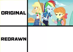 Size: 1773x1258 | Tagged: safe, derpibooru import, applejack, megan williams, rainbow dash, equestria girls, equestria girls series, rollercoaster of friendship, image, meme, original vs redrawn, png