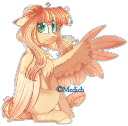 Size: 2468x2429 | Tagged: safe, artist:mediasmile666, derpibooru import, oc, unofficial characters only, pegasus, pony, art trade, chest fluff, coat markings, eye clipping through hair, eye reflection, female, floppy ears, image, looking at you, mare, one wing out, png, reflection, sidemouth, simple background, sitting, smiling, solo, speedpaint available, spread wings, transparent background, underhoof, wings