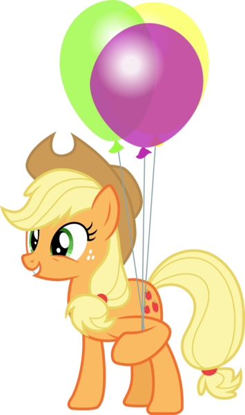 Size: 3000x5068 | Tagged: safe, artist:cloudyglow, artist:yanoda, derpibooru import, applejack, earth pony, pony, one bad apple, .ai available, absurd resolution, applejack's hat, balloon, cowboy hat, cutie mark, female, hat, holding, image, mare, png, simple background, smiling, solo, stetson, teeth, transparent background, vector