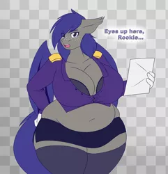 Size: 1737x1800 | Tagged: suggestive, artist:ensayne, derpibooru import, oc, oc:midnight blossom, unofficial characters only, anthro, bat pony, absolute cleavage, anthro oc, bat pony oc, bat wings, big breasts, bra, breasts, checkered background, chubby, cleavage, clothes, epaulettes, huge breasts, image, impossibly large breasts, large belly, png, shirt, simple background, skirt, socks, socks (coat marking), thick, thighs, thunder thighs, unamused, underwear, wardrobe malfunction, wings