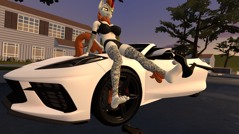 Size: 1920x1080 | Tagged: suggestive, derpibooru import, autumn blaze, anthro, kirin, barefoot, bra, car, clothes, dressup, driving, dusk, feet, female, foot focus, image, inviting, panty, playing, png, seductive, shoe dangling, shoes, sitting, socks, solo, stockings, thigh highs, underwear