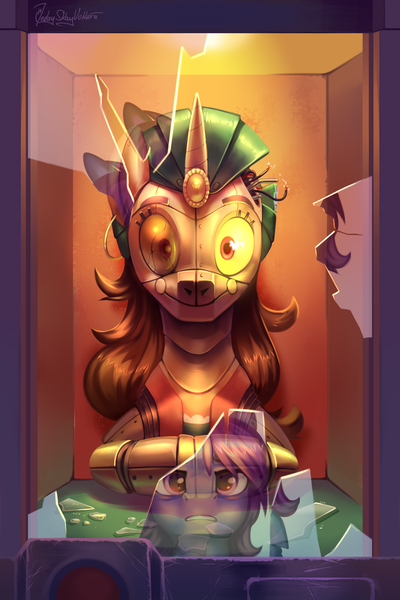 Size: 2000x3000 | Tagged: safe, artist:jedayskayvoker, derpibooru import, oc, unofficial characters only, pony, robot, robot pony, broken glass, commission, duo, fortune teller, high res, image, png, reflection, smiling