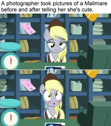 Size: 1920x2171 | Tagged: safe, derpibooru import, edit, edited screencap, screencap, derpy hooves, pegasus, pony, between dark and dawn, :o, blushing, cash register, cute, derpabetes, female, image, letter, mailmare, mailmare uniform, mare, meme, open mouth, package, png, postcard, realization, solo, weighing scale