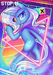 Size: 2480x3508 | Tagged: safe, artist:musicfirewind, derpibooru import, trixie, pony, unicorn, cape, clothes, high res, image, jpeg, pause, retrowave, solo, trixie's cape, vhs