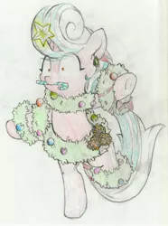 Size: 3449x4637 | Tagged: safe, artist:foxtrot3, derpibooru import, oc, oc:spearmint, belly button, candy, candy cane, decoration, food, green hair, hearth's warming, image, jpeg, pinecone, red coat, red eyes, wreath