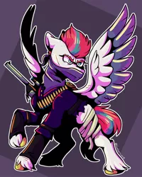 Size: 1600x2000 | Tagged: safe, artist:lordofthefeathers, derpibooru import, zipp storm, pegasus, pony, abstract background, angry, badass, bullet, clothes, colored wings, female, g5, gun, image, jpeg, mare, multicolored wings, raised hoof, solo, spread wings, unshorn fetlocks, weapon, wings