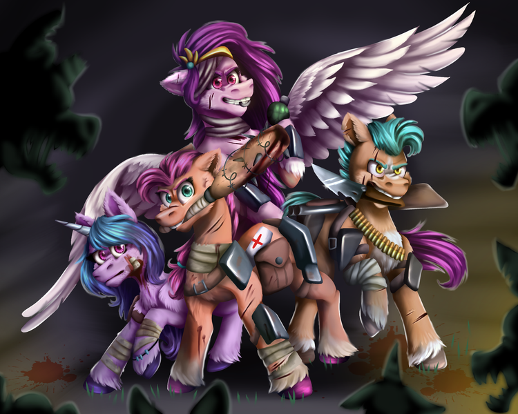 Size: 2000x1600 | Tagged: semi-grimdark, artist:lordofthefeathers, derpibooru import, hitch trailblazer, izzy moonbow, pipp petals, sunny starscout, earth pony, monster pony, pegasus, pony, undead, unicorn, zombie, zombie pony, angry, badass, bandaid, barbed wire, baseball bat, blaze (coat marking), blood, bracelet, bullet, cheek fluff, chest fluff, coat markings, ear fluff, feather, female, g5, grass, grenade, group, gun, hoof fluff, image, jewelry, knife, male, mare, monster, mouth hold, pads, pale belly, png, raised hoof, sash, shoulder fluff, socks (coat marking), spikes, spread wings, stallion, teeth, unshorn fetlocks, wall of tags, weapon, wings