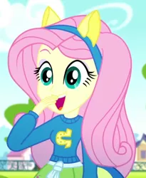 Size: 554x675 | Tagged: safe, derpibooru import, screencap, fluttershy, eqg summertime shorts, equestria girls, steps of pep, clothes, cropped, cute, fake ears, image, open mouth, png, skirt, solo, sweater, wondercolts uniform