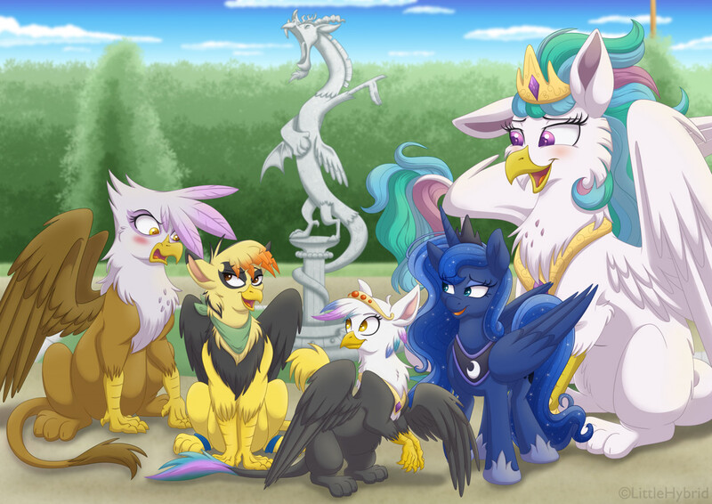 Size: 1280x905 | Tagged: safe, artist:littlehybridshila, derpibooru import, discord, gilda, princess celestia, princess luna, oc, alicorn, gryphon, pony, beak, canterlot, diadem, discord statue, eared griffon, gilda is not amused, griffonized, image, jewelry, jpeg, open beak, open mouth, regalia, sitting, species swap, statue, tree, unamused