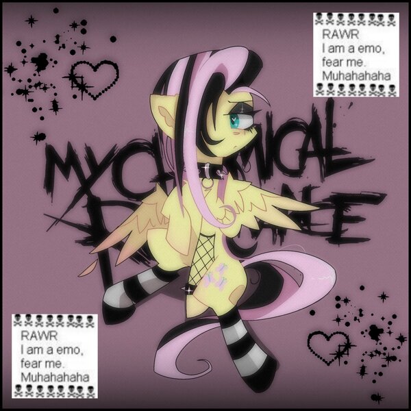 Size: 2048x2048 | Tagged: safe, artist:blairvonglitter, derpibooru import, fluttershy, pegasus, pony, alternate hairstyle, bracelet, clothes, collar, dyed mane, dyed tail, emoshy, eyeshadow, fishnets, image, jpeg, makeup, my chemical romance, socks, spiked wristband, text, wristband