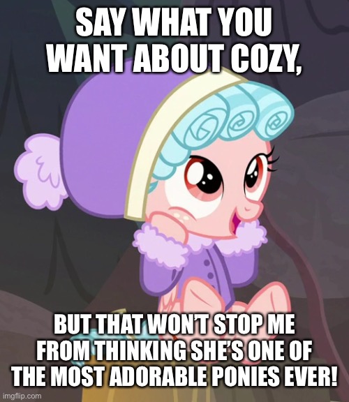 Size: 500x576 | Tagged: safe, banned from derpibooru, deleted from derpibooru, derpibooru import, edit, edited screencap, screencap, cozy glow, pegasus, pony, frenemies (episode), caption, cozybetes, cute, female, filly, foal, image, image macro, jpeg, solo, text