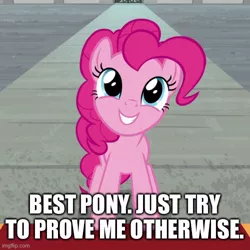 Size: 500x500 | Tagged: safe, derpibooru import, edit, edited screencap, screencap, pinkie pie, earth pony, pony, the last laugh, caption, cropped, cute, diapinkes, female, happy, image, image macro, imgflip, jpeg, mare, smiling, solo, text