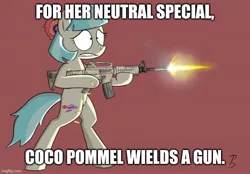 Size: 718x500 | Tagged: safe, artist:pandramodo, derpibooru import, edit, coco pommel, gun, image, jpeg, meme, neutral special, super smash bros., weapon