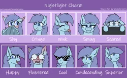 Size: 5000x3080 | Tagged: safe, artist:sevenserenity, derpibooru import, oc, oc:nightlight charm, unofficial characters only, bat pony, pony, commission, emoji, emote set, emotions, fangs, image, png, solo, sunglasses, wings