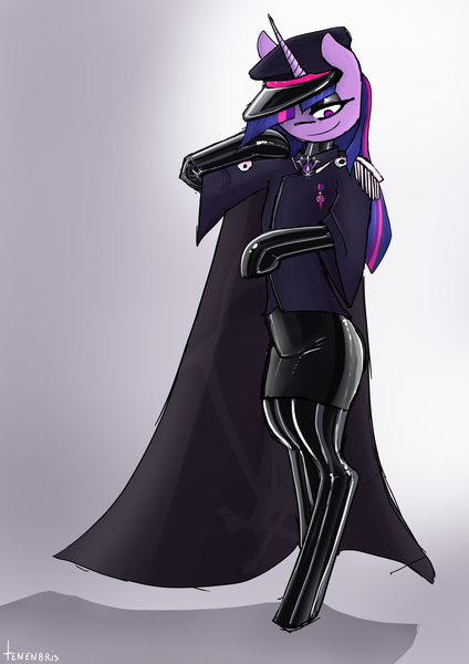 Size: 4961x7016 | Tagged: suggestive, artist:tenenbris, derpibooru import, twilight sparkle, semi-anthro, unicorn, cape, clothes, eyeshadow, image, latex, latex clothes, latex suit, latex under clothes, makeup, medal, military uniform, png, skirt, tyrant sparkle, unicorn twilight, uniform