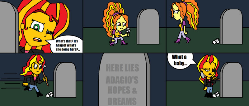 Size: 1768x751 | Tagged: safe, artist:logan jones, derpibooru import, adagio dazzle, sunset shimmer, equestria girls, rainbow rocks, comic, crying, female, flower, gravestone, here lies squidward's hopes and dreams, image, one krabs trash, png, remake, sad, spongebob squarepants, what a baby