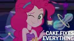 Size: 1280x720 | Tagged: safe, derpibooru import, edit, edited screencap, editor:quoterific, screencap, pinkie pie, equestria girls, equestria girls series, twilight under the stars, spoiler:eqg series (season 2), bare shoulders, bracelet, clothes, cute, diapinkes, dress, female, image, jewelry, jpeg, looking at you, necklace, one eye closed, sleeveless, smiling, solo, strapless, wink, winking at you