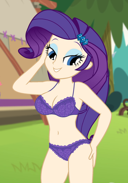 Size: 650x930 | Tagged: suggestive, derpibooru import, edit, edited edit, edited screencap, editor:ah96, screencap, rarity, equestria girls, legend of everfree, bedroom eyes, belly button, bra, breast edit, breasts, busty rarity, cleavage, clothes, cropped, female, hand on hip, human coloration, image, light skin, like what you see?, lingerarity, lingerie, looking at you, outdoors, panties, png, purple underwear, raripanty, sexy, smiling, solo, solo female, stupid sexy rarity, underwear, underwear edit