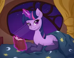 Size: 1920x1520 | Tagged: safe, artist:nathayro37, derpibooru import, twilight sparkle, pony, unicorn, bed, bedroom eyes, book, clothes, cute, glowing horn, horn, image, levitation, looking at you, lying down, magic, on bed, png, prone, redraw, socks, telekinesis, twiabetes, unicorn twilight