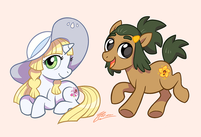 Size: 828x563 | Tagged: safe, artist:macuaine, derpibooru import, ponified, earth pony, pony, unicorn, female, hat, hau, image, jpeg, lillie, male, mare, pokémon, pokémon sun and moon, pokémon trainer, ponymon, simple background, stallion, white background