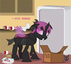 Size: 1314x1189 | Tagged: safe, artist:wheatley r.h., derpibooru import, oc, oc:lara, unofficial characters only, changeling, pony, comic:still hungry, can, changeling oc, derpibooru exclusive, female, image, jpeg, kitchen, mare, milk, pink changeling, refrigerator, sad, single panel, solo, vector, watermark