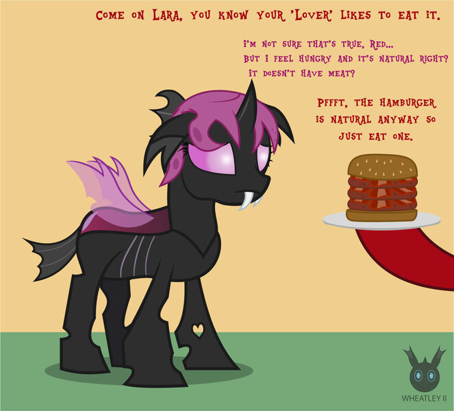 Size: 1314x1189 | Tagged: safe, artist:wheatley r.h., derpibooru import, oc, oc:lara, oc:red widow, unofficial characters only, changeling, pony, comic:still hungry, burger, changeling oc, derpibooru exclusive, female, food, hamburger, hooves, image, jpeg, mare, offscreen character, pink changeling, plate, sad, single panel, vector, watermark