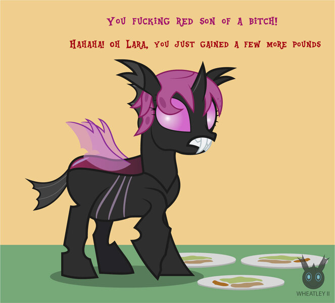 Size: 1314x1189 | Tagged: safe, artist:wheatley r.h., derpibooru import, oc, oc:lara, unofficial characters only, changeling, pony, comic:still hungry, changeling oc, chubby, chunkling, derpibooru exclusive, female, image, jpeg, mare, pink changeling, plate, plump, scared, single panel, solo, vector, vulgar, watermark, weight gain