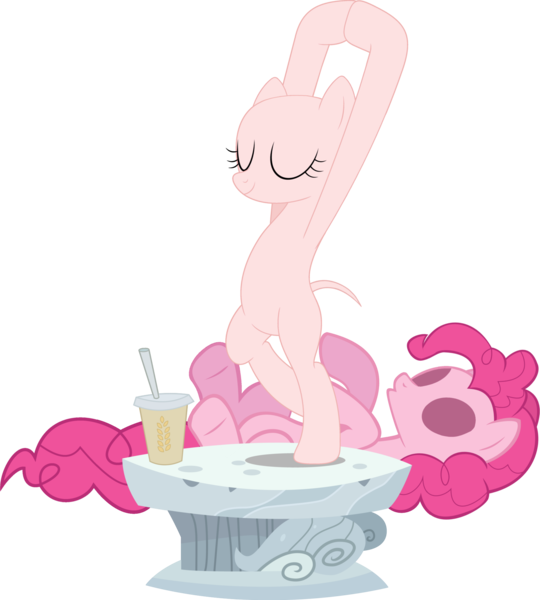 Size: 1821x2023 | Tagged: safe, artist:hourglass-vectors, artist:porygon2z, artist:regolithx, artist:sircxyrtyx, derpibooru import, edit, edited edit, vector edit, pinkie pie, earth pony, pony, artistic nudity, bald, bipedal, casual nudity, female, furless, furless edit, hay smoothie, image, mare, modeling, nude edit, nude model, nudity, pedestal, pinkie being pinkie, pinkie pie suit, png, ponysuit, pose, shaved, shaved tail, solo, tree pose, vector