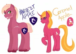 Size: 1754x1240 | Tagged: safe, artist:ambertuisthemad, derpibooru import, oc, oc:caramel apple, oc:harvest moon, earth pony, pony, unicorn, body freckles, brother and sister, female, freckles, image, jpeg, male, mare, offspring, parent:big macintosh, parent:cheerilee, parents:cheerimac, siblings, simple background, stallion, white background