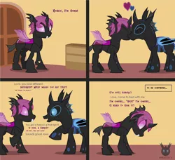 Size: 1725x1576 | Tagged: safe, artist:wheatley r.h., derpibooru import, oc, oc:w. rhinestone eyes, unofficial characters only, changeling, pony, comic:still hungry, 4 panel comic, bat wings, blue changeling, changeling oc, comic, derpibooru exclusive, female, happy, heart, honeypot changeling, image, jpeg, love, mare, one hoof raised, pink changeling, vector, watermark, wings