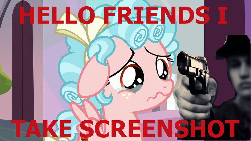 Size: 1280x720 | Tagged: semi-grimdark, derpibooru import, edit, edited screencap, screencap, cozy glow, human, pegasus, pony, marks for effort, abuse, cozybuse, crying, female, filly, floppy ears, gun, handgun, image, irl, irl human, male, photo, png, school of friendship, solo, wavy mouth, weapon