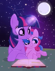 Size: 927x1200 | Tagged: safe, artist:jennieoo, derpibooru import, twilight sparkle, oc, oc:star sparkle, pony, unicorn, book, constellation, glowing horn, horn, image, lying down, magic, moon, night, png, reading