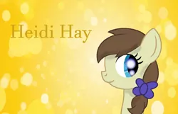 Size: 916x591 | Tagged: safe, artist:princessdaisyofficialchannel, derpibooru import, heidi hay, earth pony, pony, abstract background, background pony, bow, cute, female, filly, heidibetes, image, png, signature, simple background, smiling, text, wallpaper, yellow background, yellow text