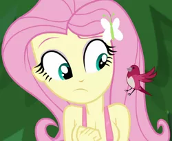 Size: 1080x892 | Tagged: suggestive, alternate version, artist:twinet, derpibooru import, edit, edited screencap, screencap, fluttershy, bird, equestria girls, legend of everfree, big breasts, bikini, breasts, busty fluttershy, clothes, female, hairpin, image, outdoors, png, solo, solo female, songbird, swimsuit, swimsuit edit, textless version