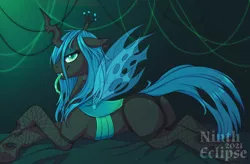 Size: 1280x841 | Tagged: suggestive, artist:nintheclipse, derpibooru import, queen chrysalis, changeling, changeling queen, bedroom eyes, bugbutt, butt, clothes, female, fishnets, forked tongue, green tongue, image, jpeg, looking at you, lying down, open mouth, panties, prone, socks, solo, solo female, stockings, thigh highs, tongue out, underwear