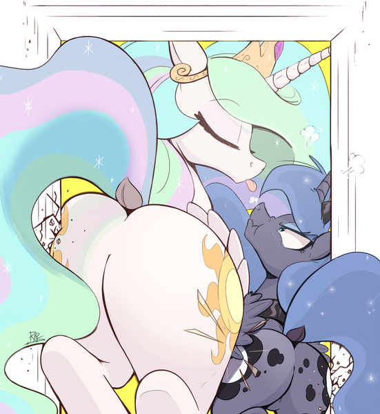 Size: 1838x2000 | Tagged: suggestive, artist:raps, derpibooru import, princess celestia, princess luna, alicorn, pony, butt, cracks, dock, door, doorway, duo, duo female, eyes closed, featureless crotch, female, image, jpeg, large butt, larger female, luna is not amused, mare, moonbutt, plot, plot pair, raspberry, royal sisters, scrunchy face, sibling rivalry, siblings, sisters, size difference, smaller female, snorting, sunbutt, the ass was fat, tongue out, unamused