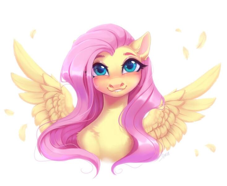 Size: 1024x838 | Tagged: safe, artist:spark_rarestar, derpibooru import, fluttershy, pegasus, pony, blushing, bust, chest fluff, cute, feather, female, image, jpeg, lip bite, looking at you, mare, portrait, shyabetes, simple background, smiling, solo, spread wings, white background, wings