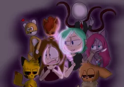 Size: 2507x1763 | Tagged: semi-grimdark, artist:leola-kittycorn, derpibooru import, pinkie pie, fanfic:cupcakes, abandon loneliness, barely pony related, brvr, creepypasta, curse of tails doll, flashlight (object), human oc, image, knife, lonely, myra, pinkamena diane pie, png, pokemon dead channel, pokemon explorers of death, slenderman, tails doll, younger